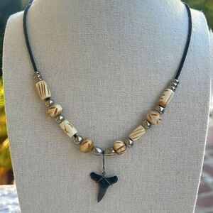 Fossilized Shark Tooth Cord Necklace Surfer Unisex